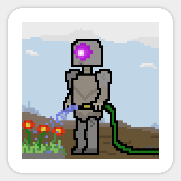 Pixel art robot, watering a garden Sticker by neophlegm